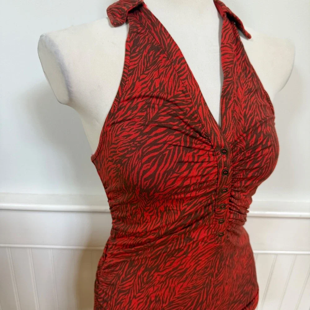 Free People Red Zebra Print Ruched Halter Top Sleeveless Racerback Small